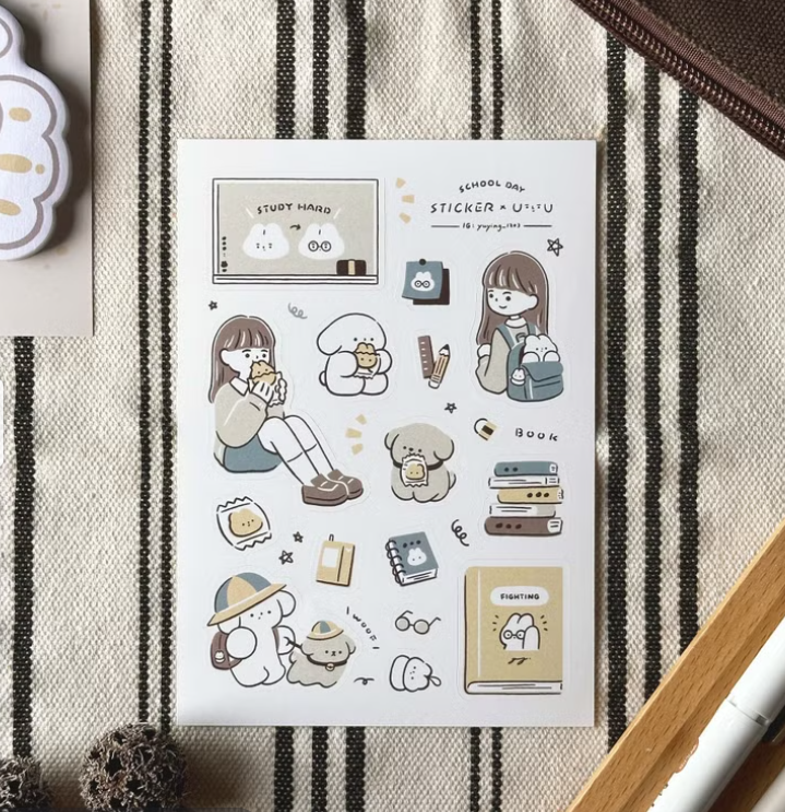 YuYing Illustration Waterproof Sticker Sheet - School Day