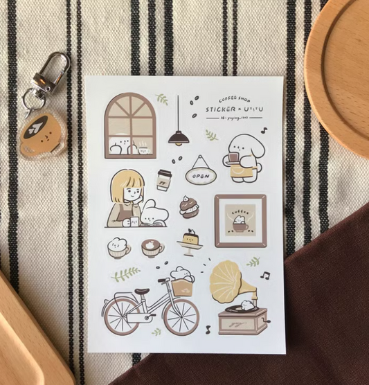 YuYing Illustration Waterproof Sticker Sheet - Coffee Shop