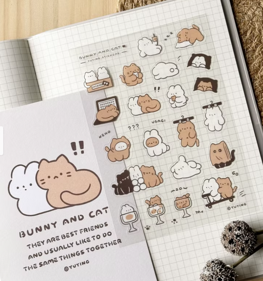 YuYing Illustration Sticker Sheet - Bunny & Cat